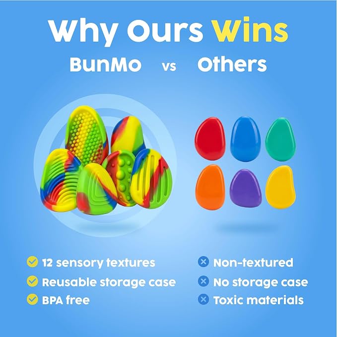 BUNMO Sensory Fidget Stones – 6pk Rainbow | Silicone Worry Stones for Kids Ages 3+ | Portable, Textured, Quiet Sensory Stones for Hands-On Play