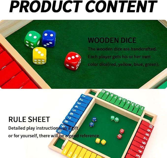 Nicecho Shut The Box Dice Game,2-4 Player Family Wooden Board Table Math Games for Adults and Kids, 8 Dices Classics Games for Classroom,Home,Party or Pub