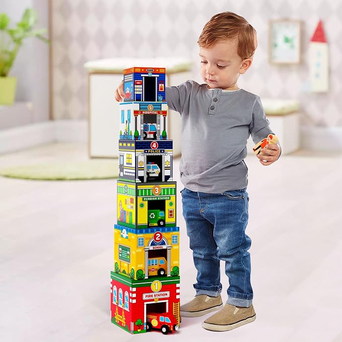 Atoylink Toddler Sorting and Stacking Toys with Magnetic Wooden Cars & Community Helpers, Baby Number Blocks Nesting Boxes Preschool Learning Montessori Toys for 2 3 Year Old Boys Girls Gift