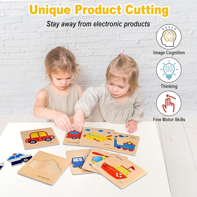 Wooden Puzzles for Toddlers 1-3, Toddler Puzzles Ages 2-4 | Montessori Toys for 1-3+ Year Old Learning Educational Preschool Toys for Boys Girls (Vehicle Theme)