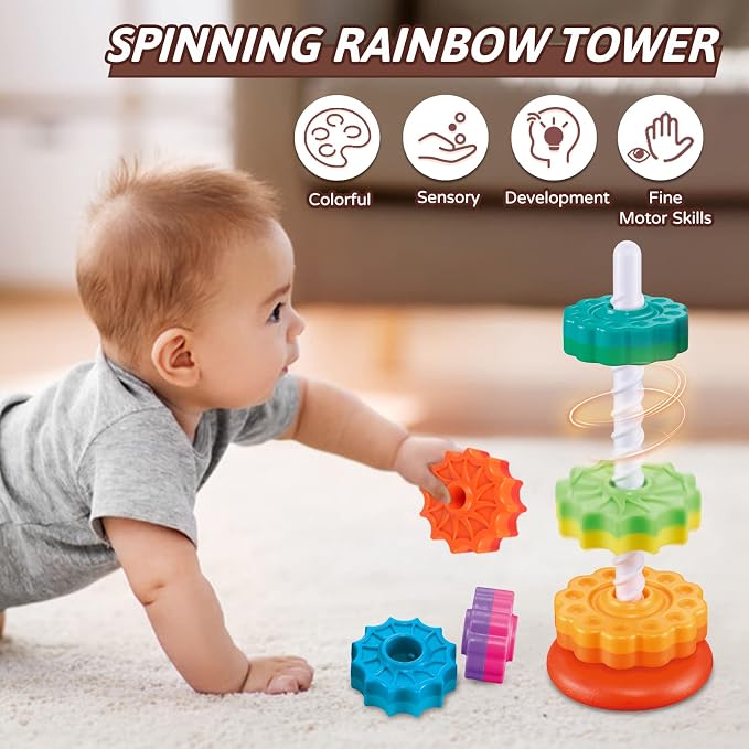 JUXUE Baby Spinning Stacking Toys for Toddlers 1-3, Rainbow Ring Stacker Montessori Toys for Babies for 12 Months, 1 2 3 One Year Old Girl Boy Christmas Birthday Gifts, Autism Sensory Learning Toy