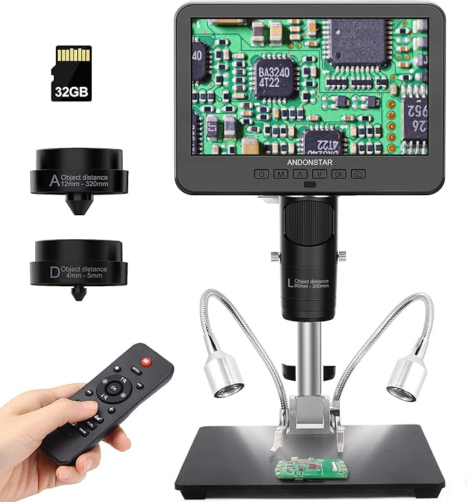Andonstar AD246S-M 3 Lens 2160P HDMI Digital Microscope 2000x for Adults | 7 Inch LCD Soldering Microscope for Electronics Repair, Error Coins, Pro Boom Arm Stand, Windows Compatible
