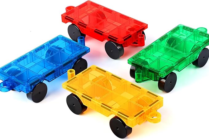 Mruikeny Magnetic Tiles Cars Construction Set - 4 PCS Magnetic Tiles Magnet Bricks Truck Sensory Toys, Educational Magnet Cars Set Building Blocks for 3 4 5 6 7 8+ Year Old Girls Boys