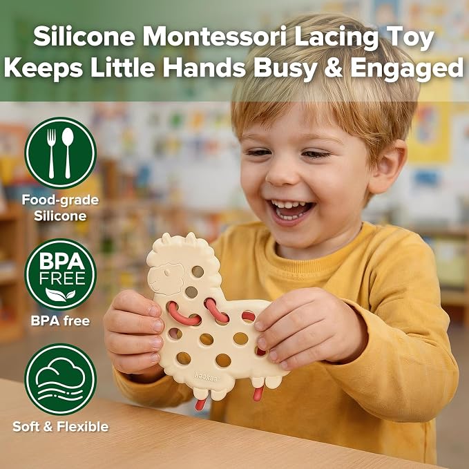haakaa Alfie Alpaca Silicone Lacing Toy for Toddlers Ages 2+ | BPA-Free Silicone Threading Toy, Fine Motor Skills Play, Quiet Travel Activity with Alpaca, Barn & 4 Laces