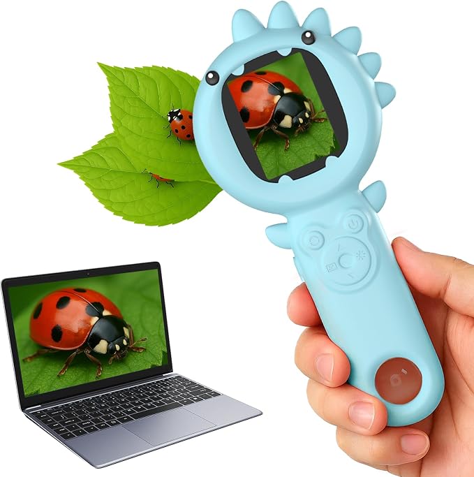 PHNIXGAM Kids Microscope Camera, 500X Handheld 2" IPS Screen, Blue Dinosaur | 2-in-1 design, supports multiple viewing angles, outdoor STEM toy, birthday gift for boys/girls 3-10, rechargeable/portable