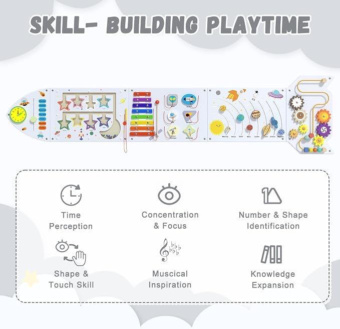 Rocket Activity Wall Busy Board Panels - Sensory Wall Panel for Kids, Montessori Toddler Wall Activity Board, Wall Toys for Toddlers 3, Activity Cube, Wood Activity Boards, White Grey