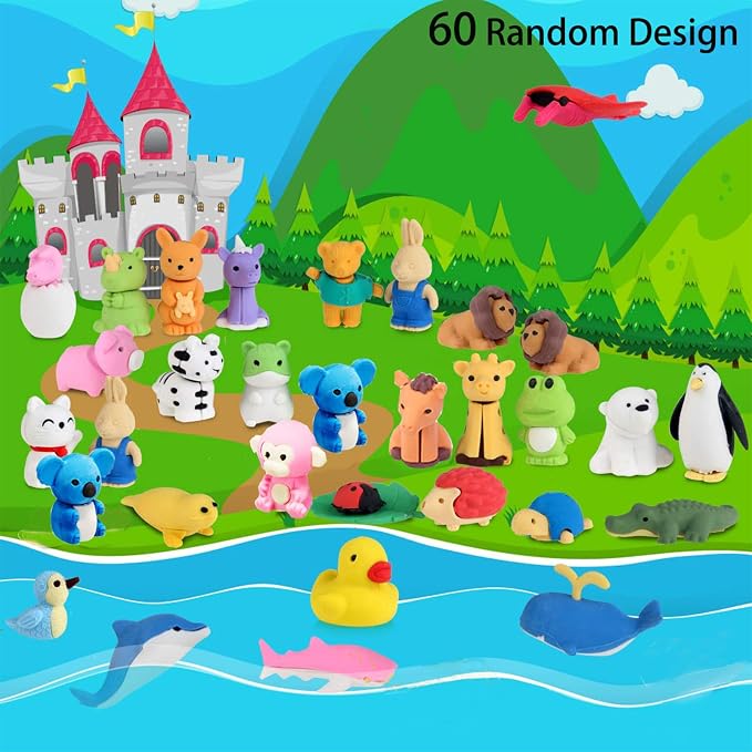 URSKYTOUS 60Pcs Animal Erasers Desk Pets for Kids,Classroom Prizes | Bulk Pencil Puzzle Erasers for Back to School,Treasure Chest,Goodie bag stuffers,Easter Egg Fillers,Stocking Stuffers