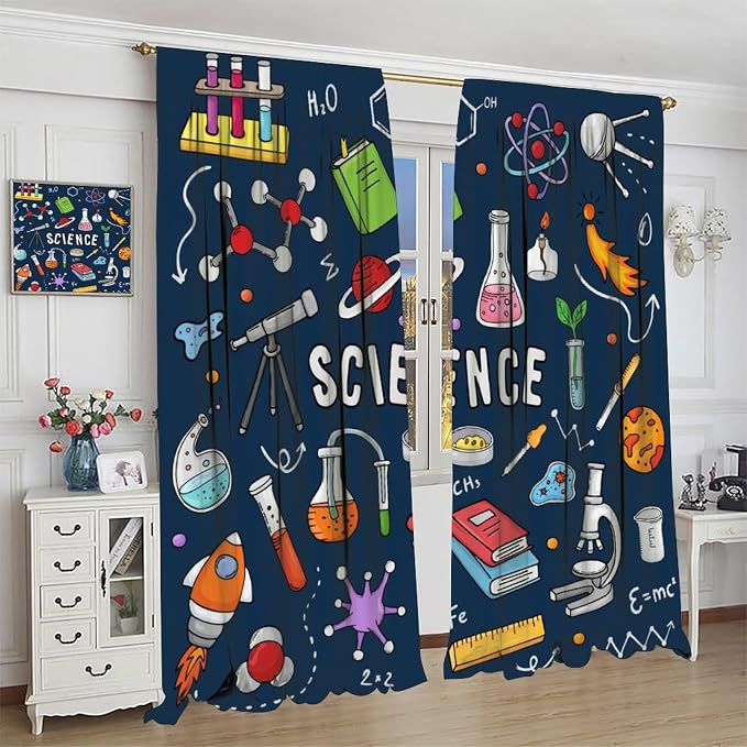 Science Physics Window Curtains, Abstract Math Chemistry Curtain Scientist Graffiti Print Window Treatments for Kids Teens Bedroom Living Room Kitchen Set 2 Panels,84x84 Inches