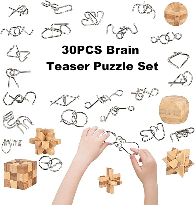 GOLDGE 30pcs Brain Teaser Puzzle Set for Adults & Kids | Wooden & Metal 3D Puzzles, IQ Logic Games for Family, Parties & Coffee Breaks. Unlock & Solve Interlocking Challenges Toy
