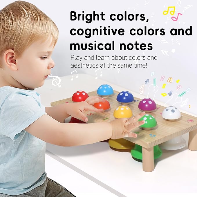 Wooden Mushroom Push Bell Toy, 8 Note Colorful Montessori Musical Toys for Toddlers, Sensory Development Hand Eye Coordination Learning Toy, Baby Musical Instrument Gift for 1 2 3 Year Old Boys Girls