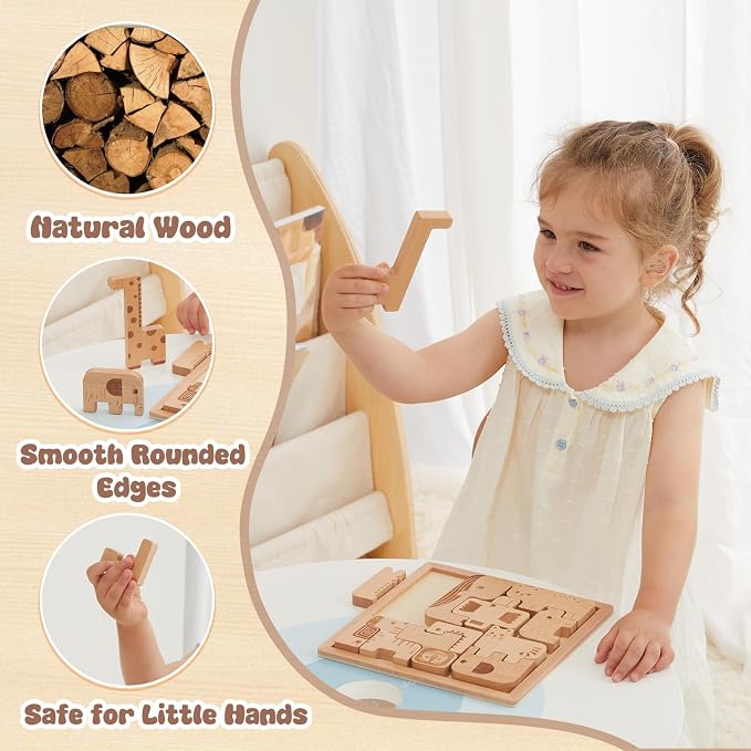 Freniland Wooden Animal Puzzle for Toddlers, 2-in-1 Safari Animal Puzzle & Stacking Toy, Easy-Grip Peg Board Montessori Shape Matching for Kids 18M+