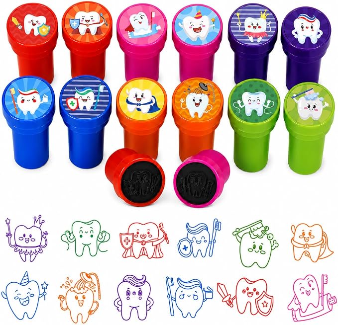Cinrobiye 24 Pcs Teeth Stampers Party Favor Set, Cute Dental Health Stamps for Kids Birthday Party, Classroom Rewards, Educational Learning Toys, Goody Bag Fillers, Dental Care Party Supplies