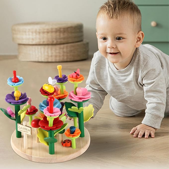 Wooden Flower Garden Building Toys for Kids, STEM Educational Activity Preschool Kit Gift for Boys Girls Age 3 4 5 6 7 Years Old, Stacking Game for Toddlers Build a Bouquet Spring Gifts