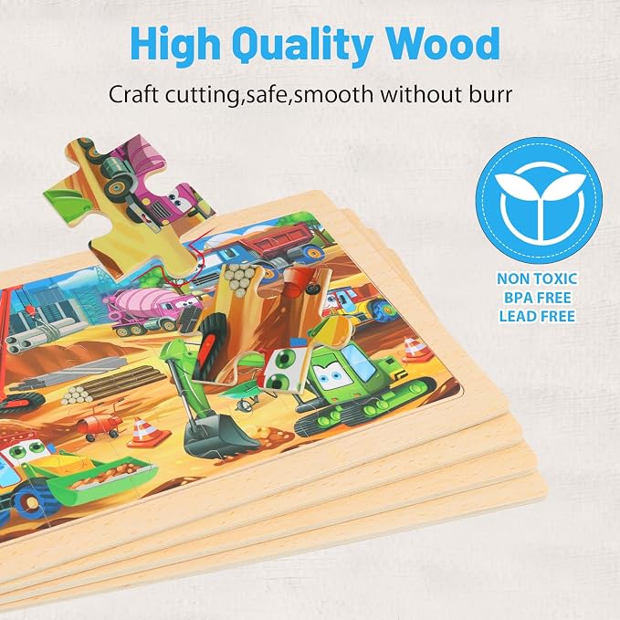Puzzles for Kids Ages 4-6, 4-Pack 24-Piece Wooden Kids Puzzles | Construction Vehicle Themes | Educational Puzzles for Kids Ages 3-5, Age-Appropriate Learning Toys, Ages 3+