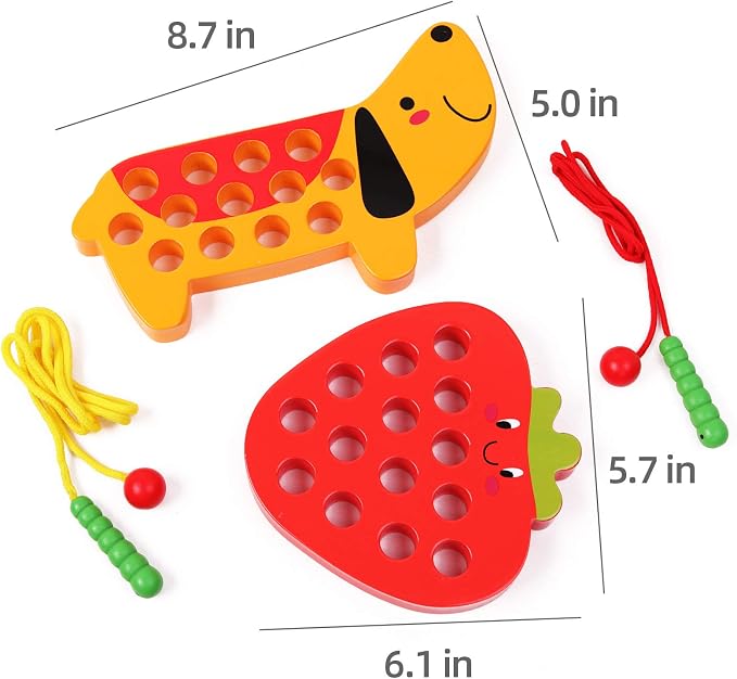 Wooden Lacing Threading Toys Fine Motor Skill Toys for 3 Year Old | Educational and Learning Montessori Toddler Travel Toy 1 Strawberry and 1 Dog