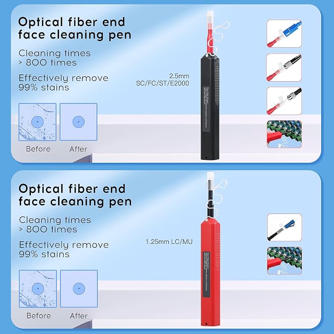 13 in 1 Fiber Optic Cleaning Tool kit with 400x Optical Fiber Microscope SC/LC Cleaning Pen 2.5mm 1.25mm Interface Cleaning Box with Replace core Fiber Optic Cleaner kit FTTH Clean Tool Kit