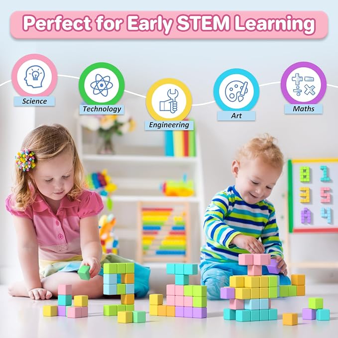 Magnetic Blocks for Toddlers 3+, 56PCS 1.34in Large Macaron Magnet Building Cubes for Kids, Stem Preschool Stack Construction Educational Toys for 3-5 Years Old Boys Girls