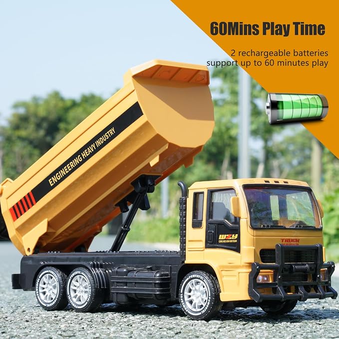 Remote Control Dump Truck for Kids, 2.4GHz RC Construction Vehicle with LED Lights, 45° Dumping Function, 2 Rechargeable Batteries, Toy Truck for Boys Girls 3 4 5 6 7 8 Years Old