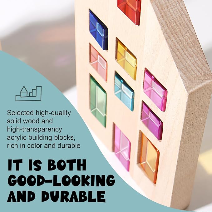 25 Pcs Rainbow Acrylic Building Blocks with 3 Beech Wood Houses, Dual Insert & Stack Sensory Toy, Light Refraction Gem Blocks, Montessori Creative Educational Gift for Toddler Boys Girls 1-5 Years Old