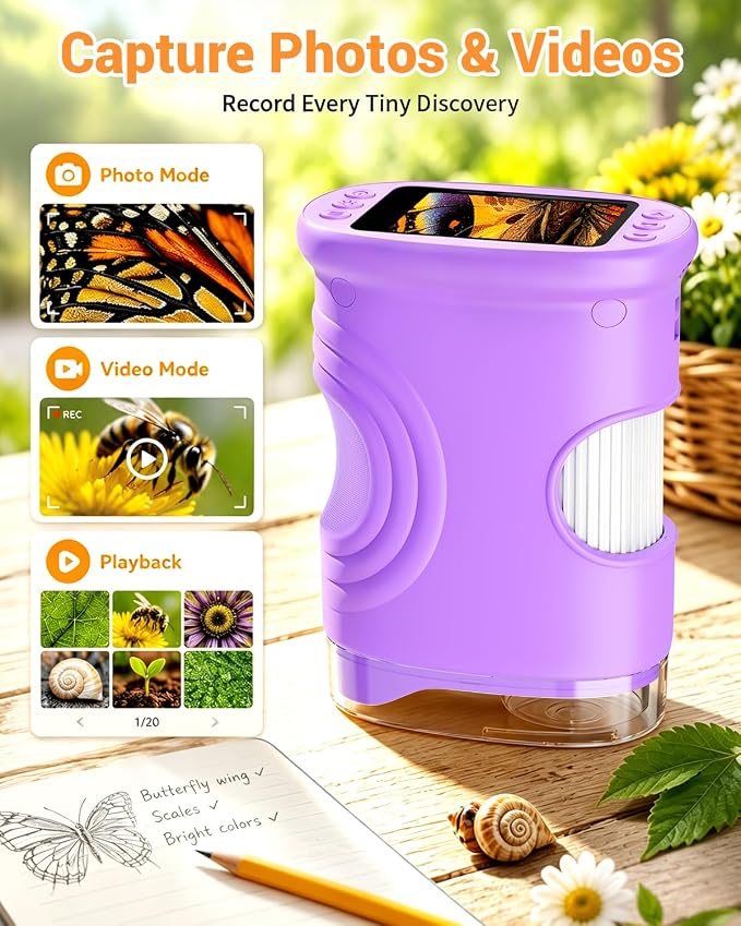 1000X Digital Handheld Microscope for Kids Portable Outdoor Toys & Gifts | 2.0" IPS Screen Magnifier, STEM Science Lab Magnifying Glass, Photo&Video Pocket Edu Toy for Boys & Girls Age 4-12, Purple