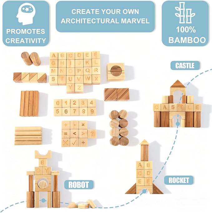 80-Piece Wooden Alphabet Building Blocks Set - Creative ABC Letters, Numbers & Shapes Blocks for Building Castles, Rockets, Robots | Educational Stacking Toys with Math Symbols for Kids Ages