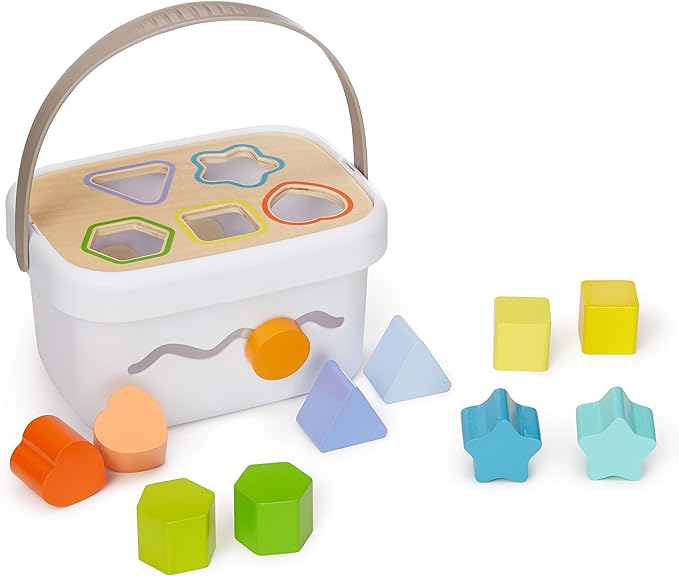 Amazon Basics Wooden Shape Sorter and Rainbow Stacker Classic Baby Toy Set-Sorting Play for Infants Age 12M+, Medium, Multicolor