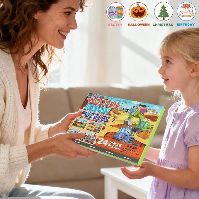 Wooden Puzzles for Kids Ages 4-6, 24 Piece Vehicle Car Construction Jigsaw Puzzles 4 Packs, Preschool Toddlers Learning Activity Puzzles Toys for Boys Girls 3 4 5 6 Years Old