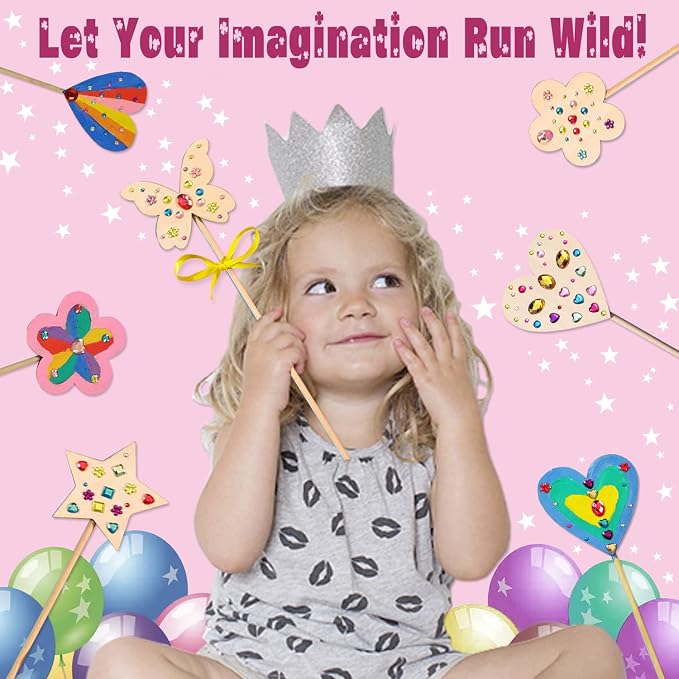 Princess Fairy Wands Craft Kit (14 PCS), Kid Birthday Party Supplies | Make Your Own Magic Wands Include Unfinished Wooden Fairy Wands, Gem Stickers, Ribbons, Ideal for Kids 6+