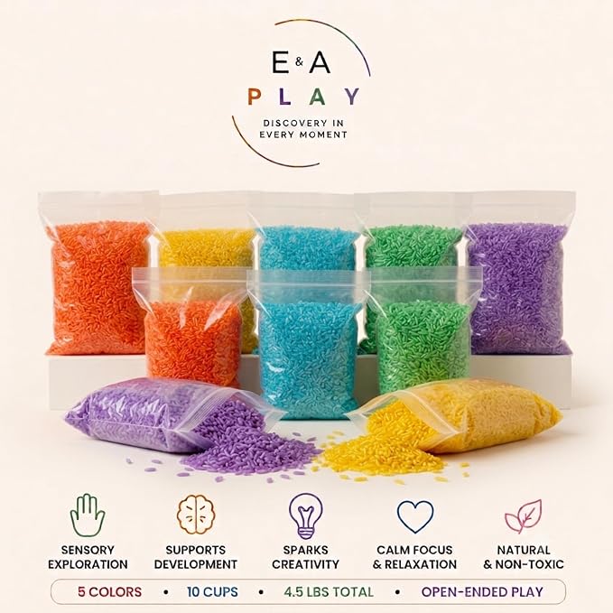 Rainbow Rice Sensory Bin Filler for Calm, Creative Play. 5 Colors, 10 Cups (4.5 lbs) Montessori Fine Motor Activity for Kids- Non-Toxic, Hand-Dyed, Sensory Toy - Made in USA by a Real Mom