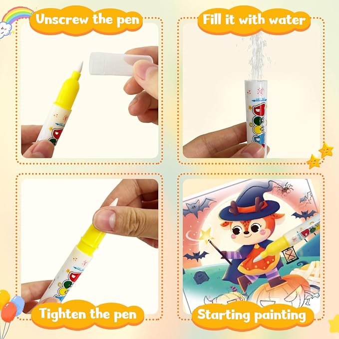 Bresdim Reusable Water Coloring Book,Water Painting Books for Toddlers 1-3 | 3Pack Handheld Mess Free Coloring Books with Water Pens,Educational Toddler Travel Activity Toys for Kid 3–6