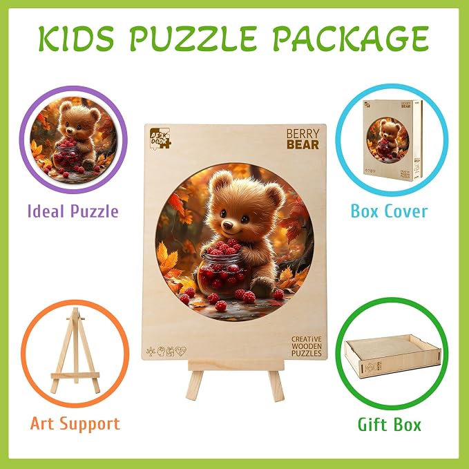 Animal Wooden Puzzles for Kids - Berry Bear | 50 Piece Puzzles for Kids Ages 4-6 - Kids Puzzle with Unique Animal Shapes - Round Puzzles for Boys and Girls (11.4 * 11.4in)