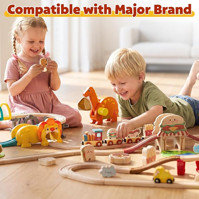 Lehoo Castle Wooden Train Set for Toddlers, Burger-Themed Train Track Set | Expandable Wooden Railway Playset, Compatible with Most Wooden Tracks, Birthday Gift for Boys & Girls Ages 3+