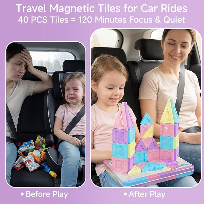 Mini Magnetic Tiles Girls Travel: 40PCS Macaron Blocks with Tin Box | 90 Mins Quiet Play, 45s Cleanup, Strong Magnets Holds 7+ Tiles - Airplane, Car & Road Trip Toys for Kids Age 3-6