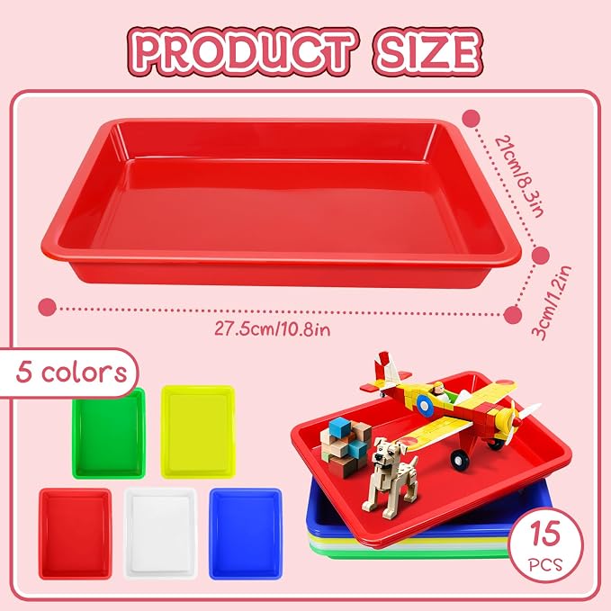 Weoxpr 15 Pcs Multicolor Plastic Art Trays, Sensory Bin Tools for Kids, Paint Serving Tray Play,Tuff Tray Set for Classroom and Home Crafts, DIY Projects, Painting, Beads, Organizing Supply