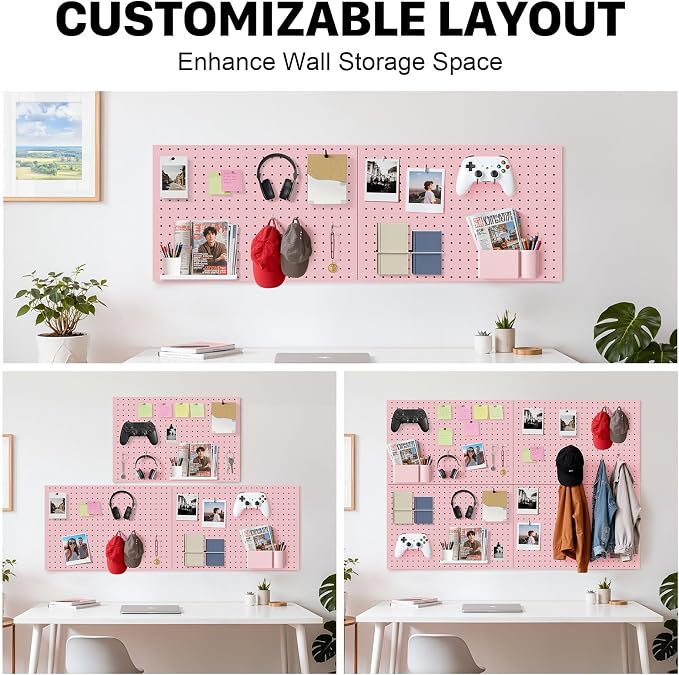 Peg Board, 2 Pack Metal Pegboard Panels Pink Pegboards Wall Organizer with Frame Large Heavy Duty Peg Board with Hooks for Walls Home,Garage Tool Storage,Office Organization,Kitchen 24”×16”