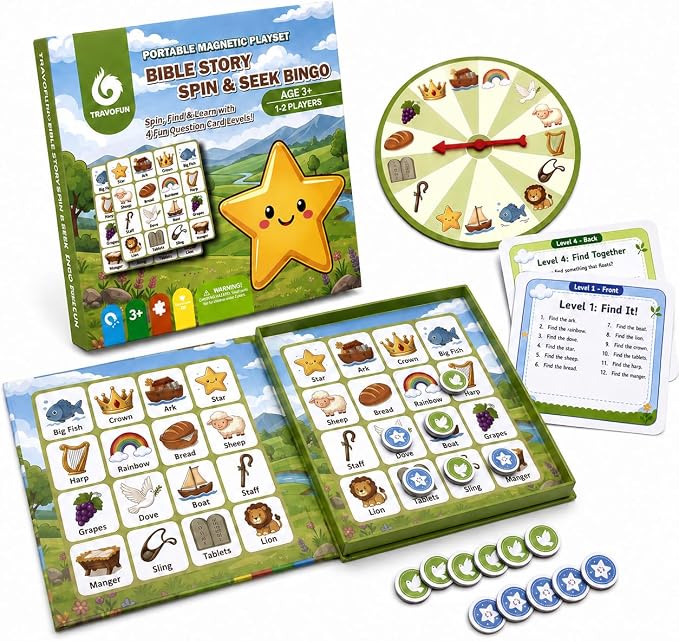 Travofun Magnetic Bible Story Spin & Seek Bingo Game for Kids Ages 3-8 | Portable Christian Learning Toy with Spinner & Question Cards | Interactive Travel Game for Road Trip