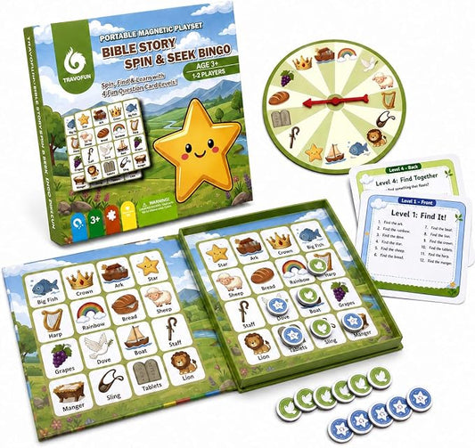 Travofun Magnetic Bible Story Spin & Seek Bingo Game for Kids Ages 3-8 | Portable Christian Learning Toy with Spinner & Question Cards | Interactive Travel Game for Road Trip