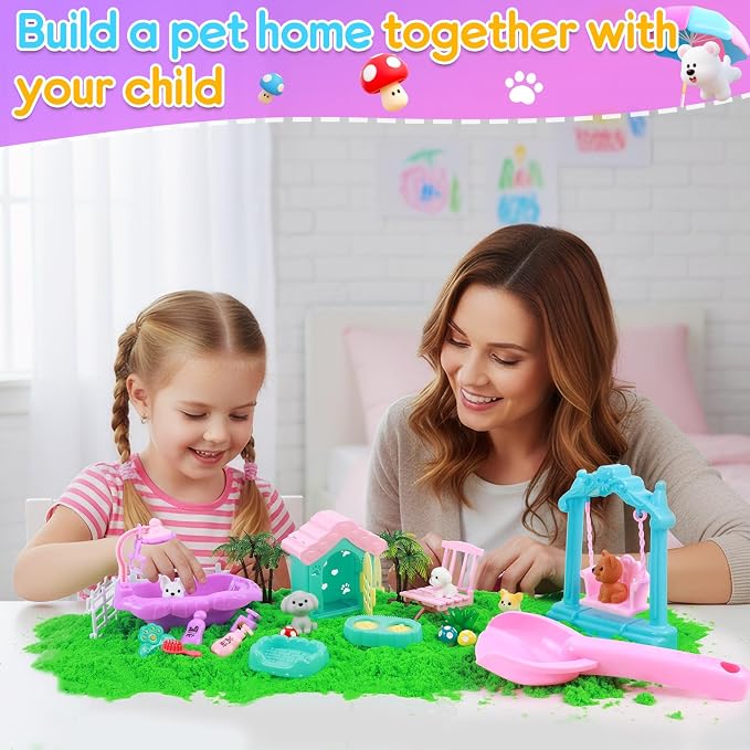 Mikiwon Pet Sensory Bin, Dog Sandbox Play Sand Art Kit with 1.1lbs Sand, Pet Care Sand Set, Sensory Play for Girls Boys Age 3+, Role Pretend Play Beach Toy for Kids Xmas Birthday Gifts