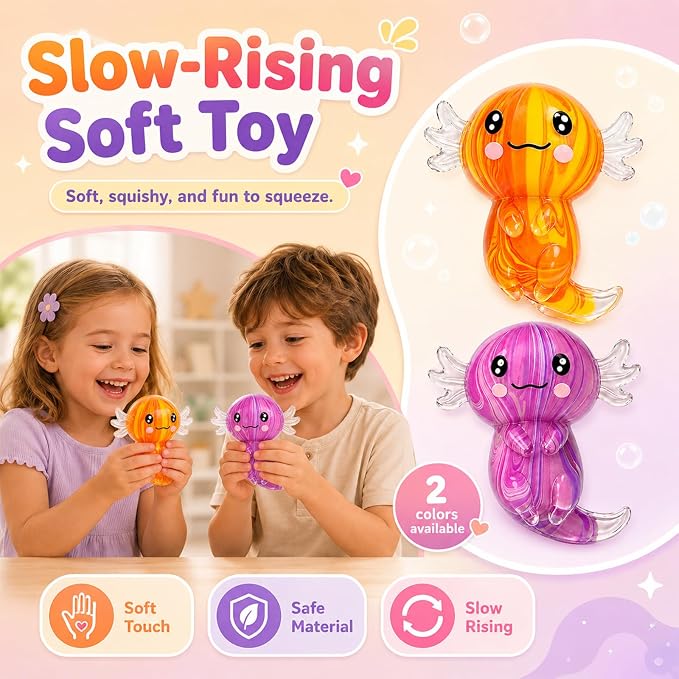 2 Pcs Axolotl Squishy Stress Relief Toy, Stretchy Axolotls Stress Soft Squeeze Sensory Fidget Toys for Kids Adults, Cute Axolotls Squishies Party Favors Classroom (YellowPink)