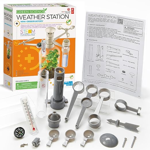 4M Green Science Weather Station - DIY Mini Observatory & STEAM Science Kit | Build an anemometer, rain gauge and thermometer to track wind and rain; create a 22x12 cm terrarium with recycled bottles