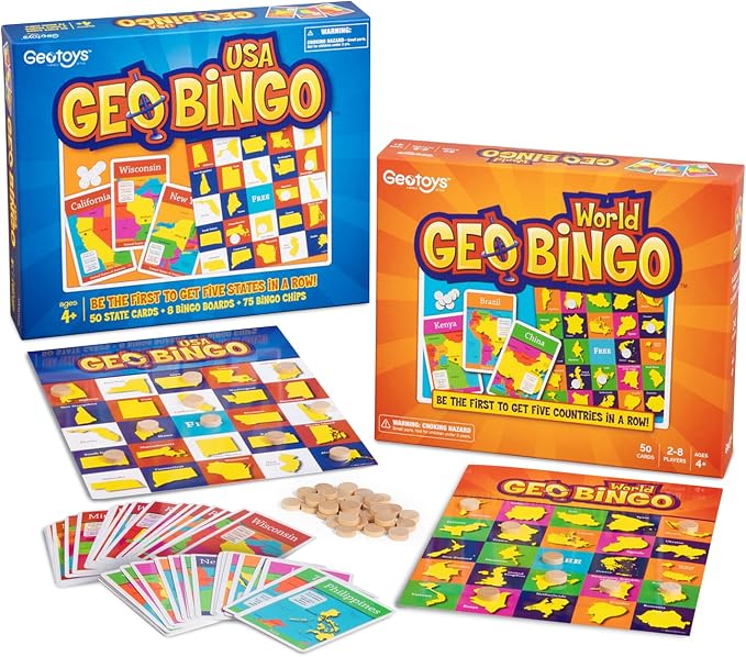 World & USA Bingo for Kids Ages 4 and Up, Geography Game for Home & School | Fun Kids Educational Game & Learning Resources, Bingo Games for Family, Play & Learn States and Capitals & World Countries