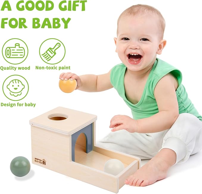 Adena Montessori Wooden Toy for 6-12 Month Baby 3 Balls, Object Permanence Box with Tray Colorful Learning Education Toy for Toddler Kid 1-2 Year Old, Preschool Developmental Girl and Boy Gift