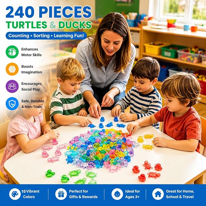 240PCS Translucent Counting Toys for Preschool with Storage Box | Turtle & Duck Sorting Manipulatives, Montessori Math Counters, Sensory Bin Fillers, Classroom Learning Toys for Toddlers