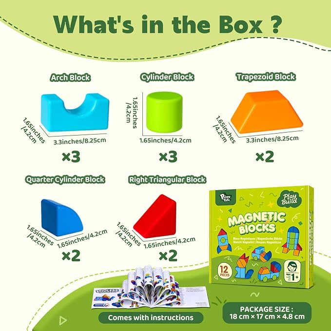 Pairez Toys Magnetic Blocks for Kids Ages 1-3, Large Building Blocks | Geometric 3D Shapes, 12 PCS Stacking Blocks Set, Montessori Sensory Toys for Toddlers, Boys & Girls, Kids Travel Toys
