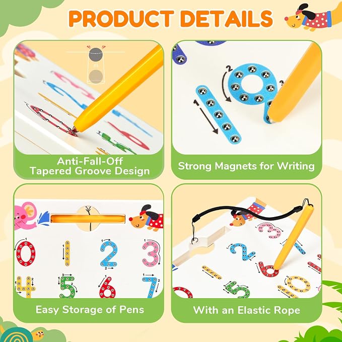 JoyCat Magnetic Animal Number Tracing Board, Double-Sided Numbers 1-20 | 2-in-1 animal number toy for toddlers and kids; preschool math manipulative and kindergarten educational gift for ages 3-5.