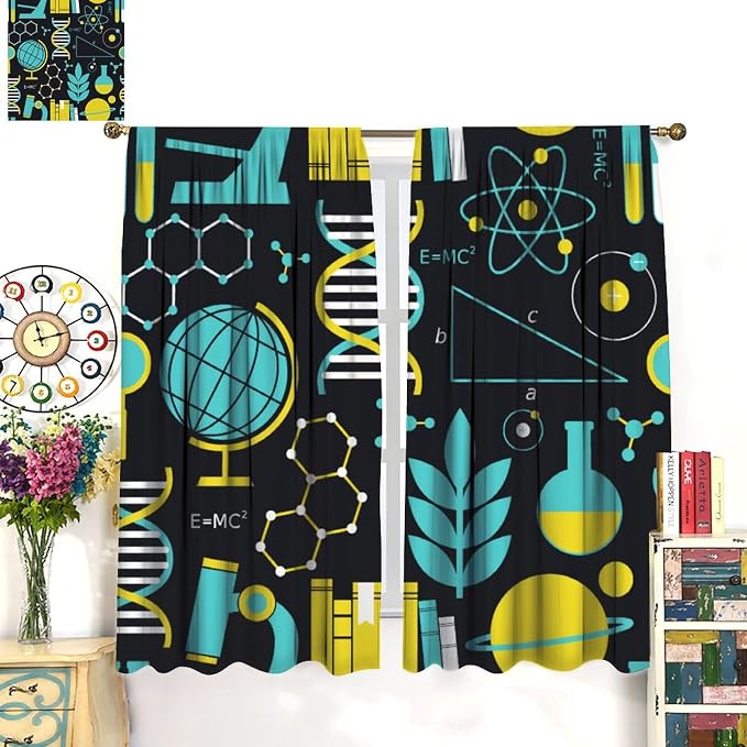 Science Bedroom Curtains, Chemistry Science Pharmacy Research Blackout Rod Pocket Window Drapes for Childs Girls Boys Bedroom Living Room Home Set 2 Panels,42x54 Inches