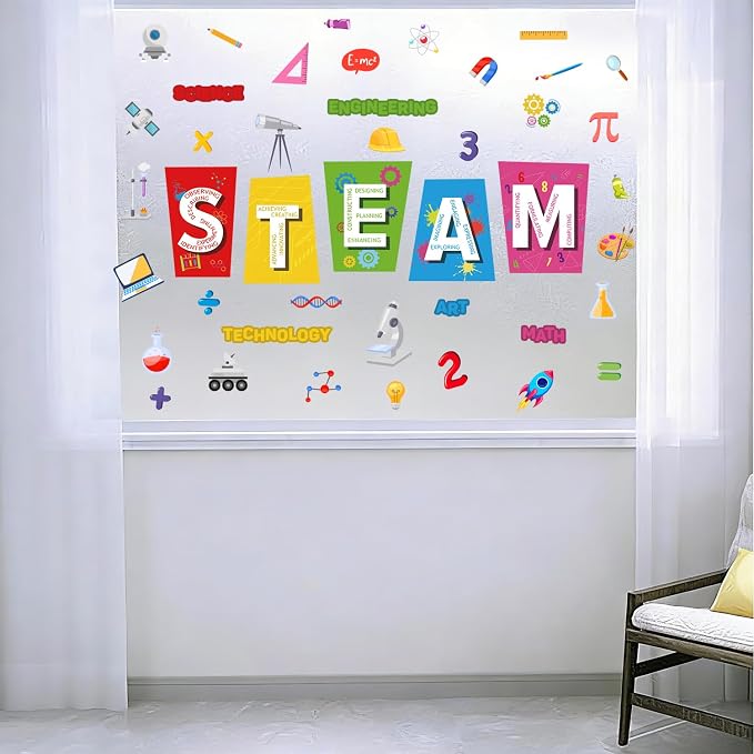LHIUEM STEAM Educational Wall Stickers 35"×24" Science Tech Engineering Art Math Wall Decal Colorful Classroom Decor Removable Self Adhesive Learning Mural Renter Friendly for Kids Bedroom Playroom