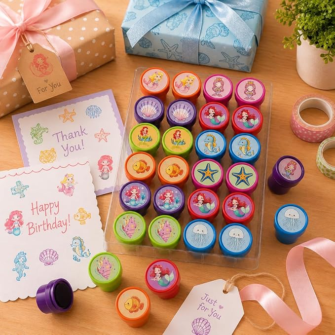 Cinrobiye 24 Pcs Mermaid Stampers Party Favor Set, Cute Under the Sea Stamps for Kids Birthday Party, Classroom Rewards, Carnival Prizes, Goody Bag Fillers, Mermaid Themed Party Supplies