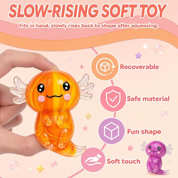 2 Pcs Axolotl Squishy Stress Relief Toy, Stretchy Axolotls Stress Soft Squeeze Sensory Fidget Toys for Kids Adults, Cute Axolotls Squishies Party Favors Classroom (YellowPink)