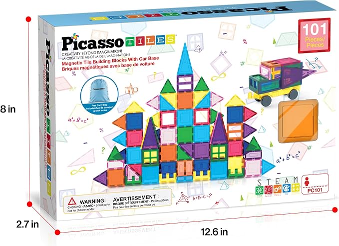 PicassoTiles 101 Piece Magnetic Tiles Building Set with Car & Bag Ages 3+ | BPA-free plastic, smooth-edge design, doors/windows, specialty shapes, spatial reasoning, hand-eye coordination, pretend play